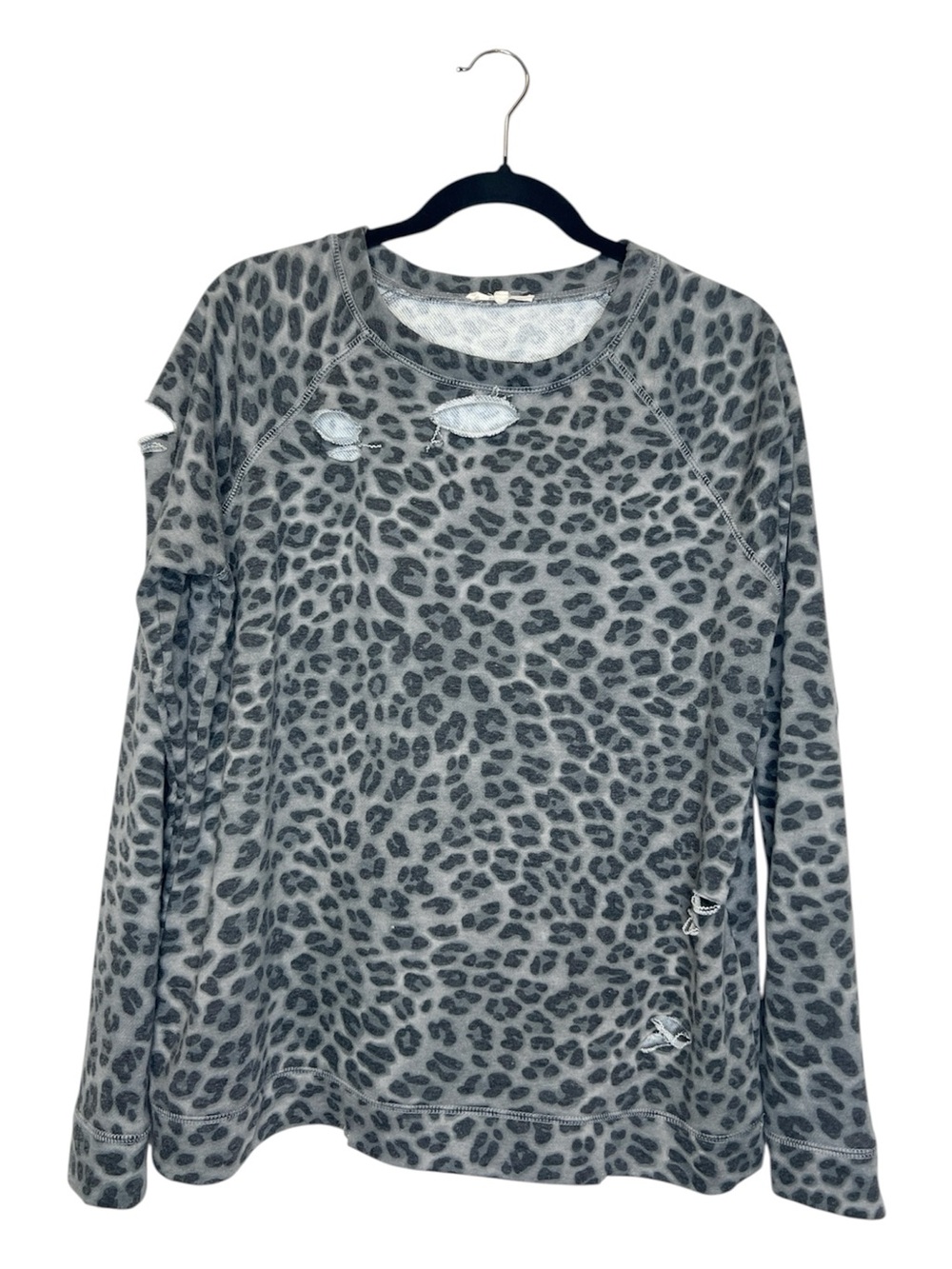 EASEL Distressed Long Sleeve Gray Leopard Print Raglan Sleeve Top Size Small
